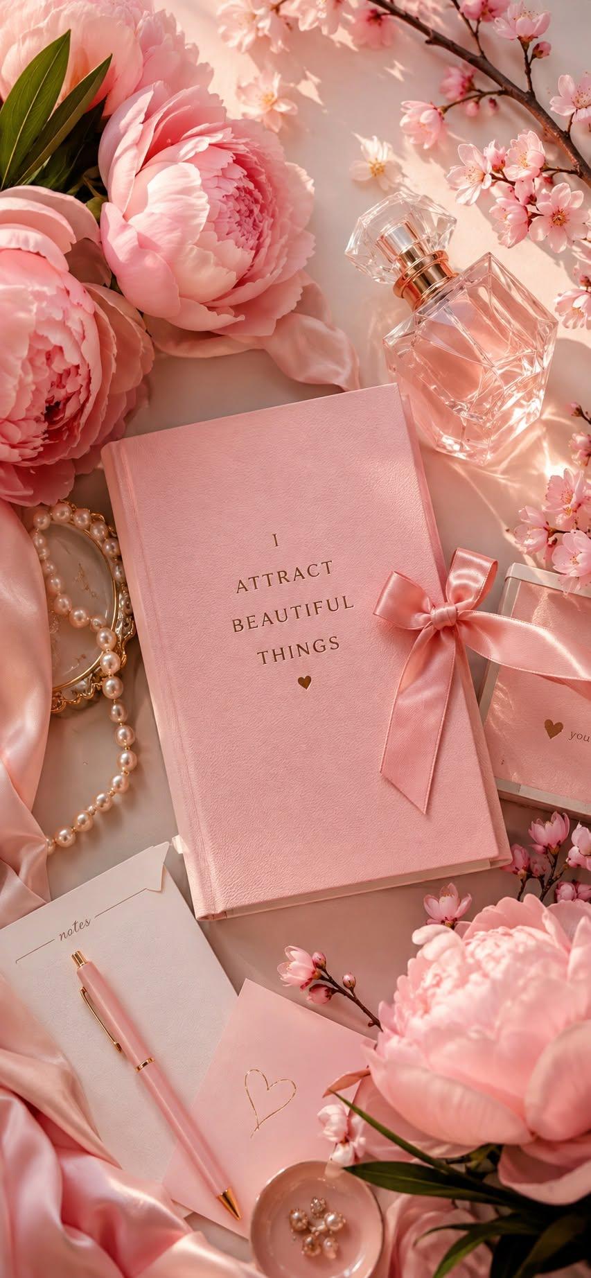 Pink journal wallpaper with peonies and cherry blossoms