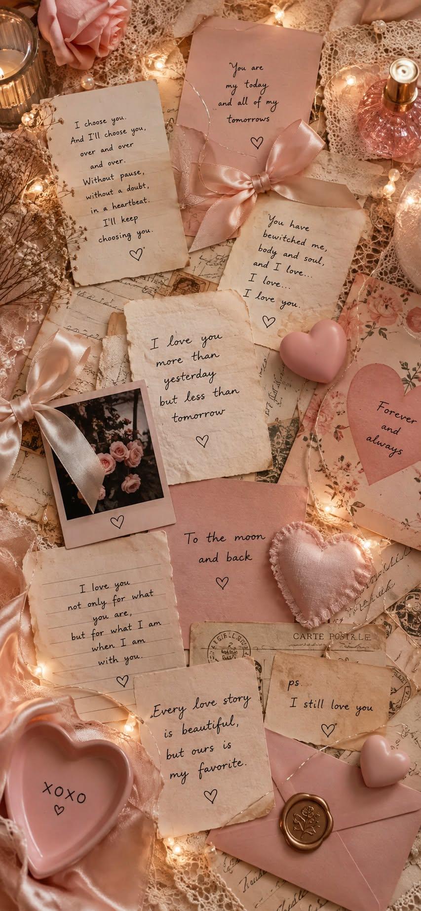 Love notes wallpaper with vintage postcards and hearts