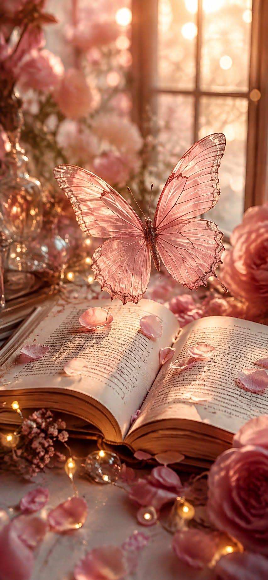 Pink butterfly wallpaper hovering over open storybook