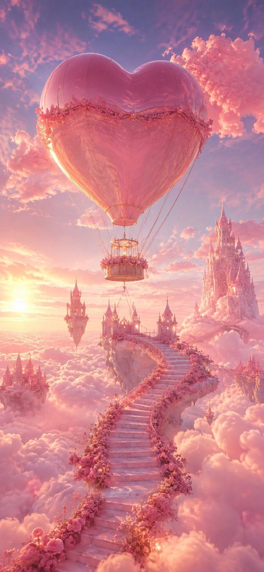 Fantasy wallpaper with heart balloon over cloud castles