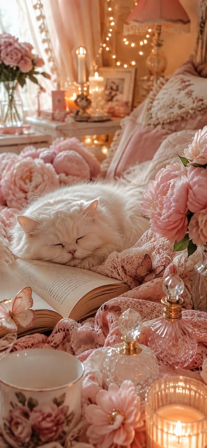 Sleepy cat wallpaper on book with peonies and candles
