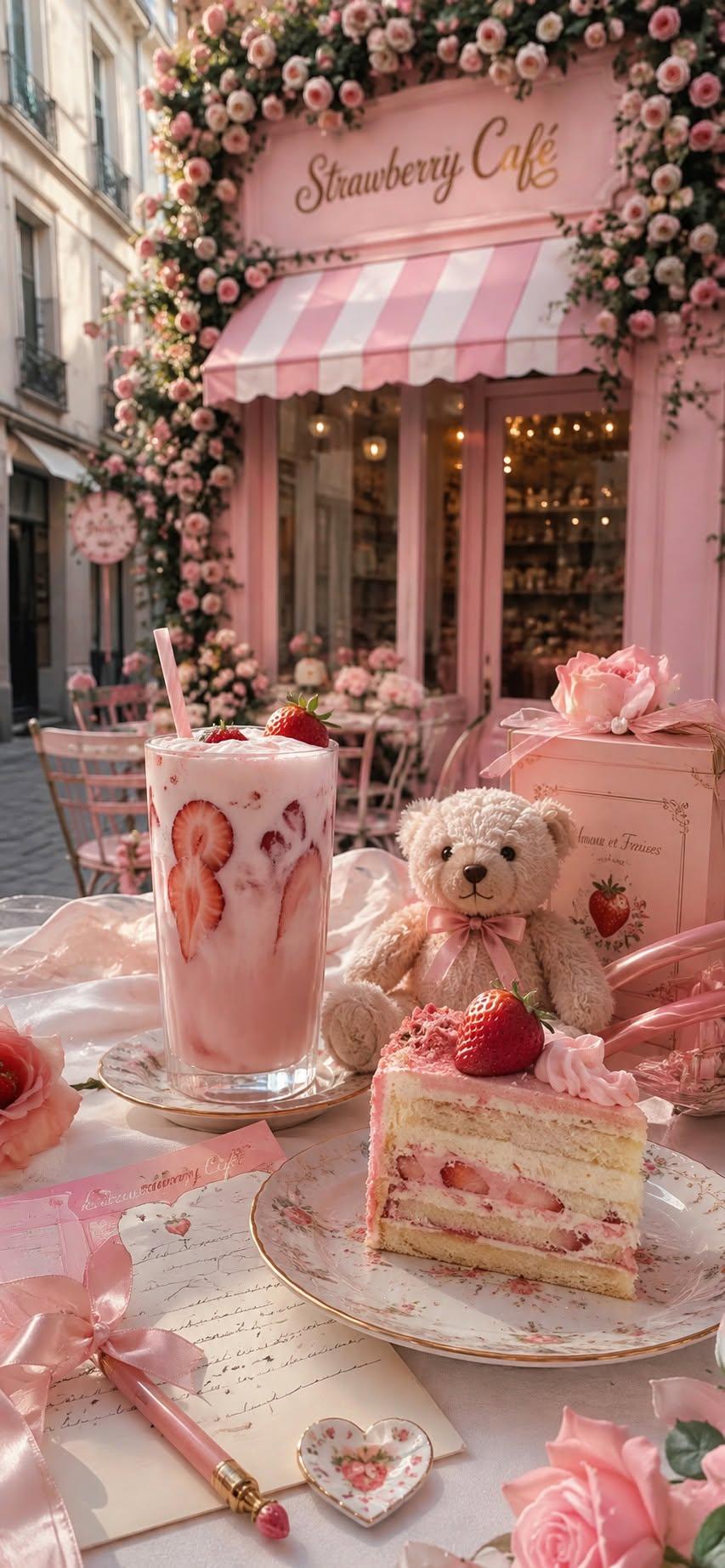Strawberry cafe wallpaper with milkshake and cake slice