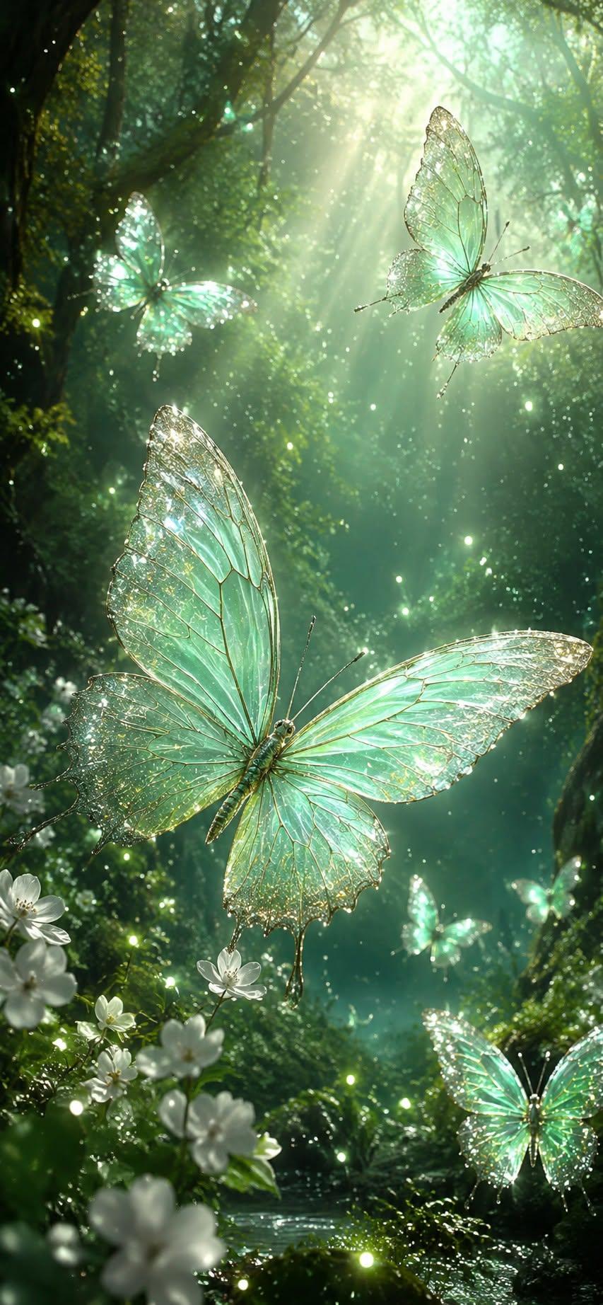 Crystal butterfly wallpaper glowing in magical green forest