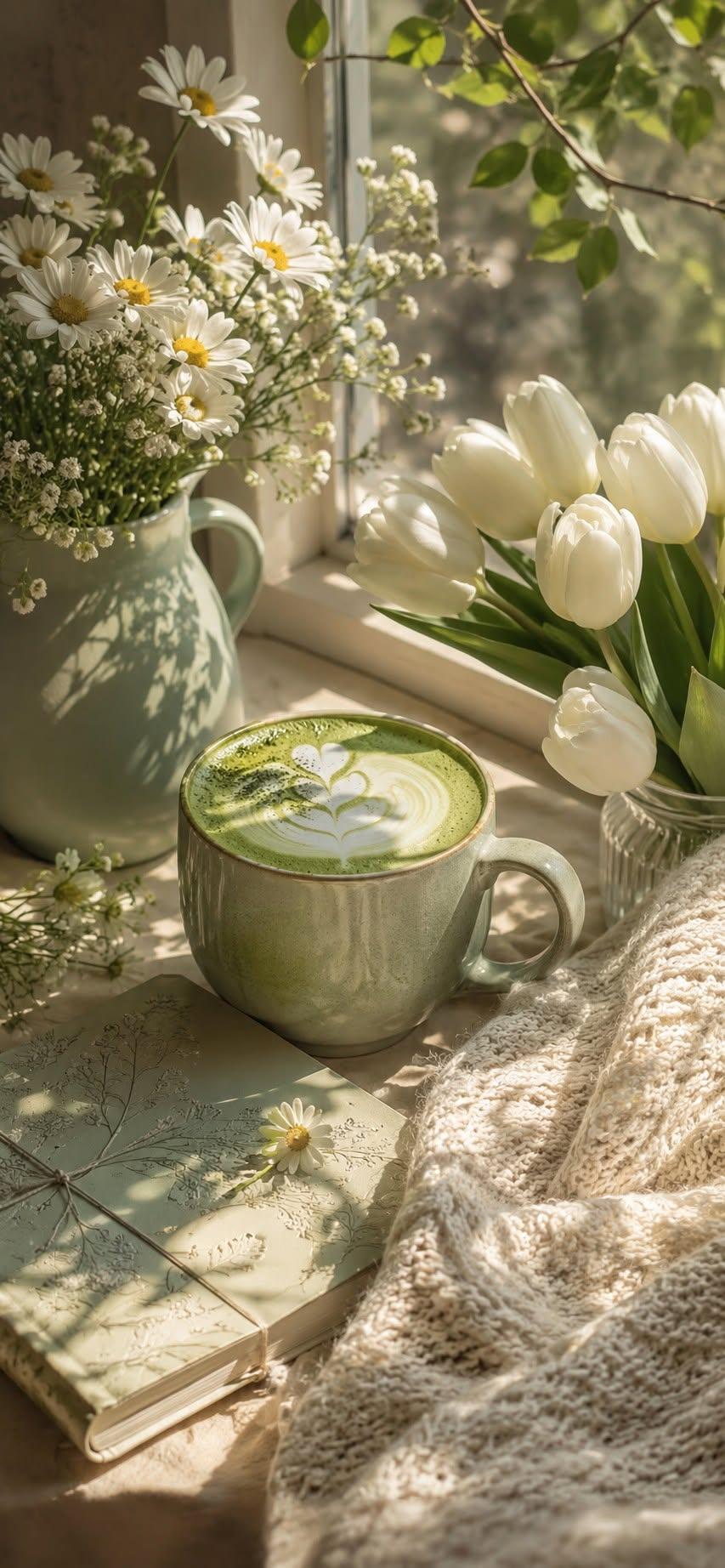 Matcha latte wallpaper with daisies and white tulips