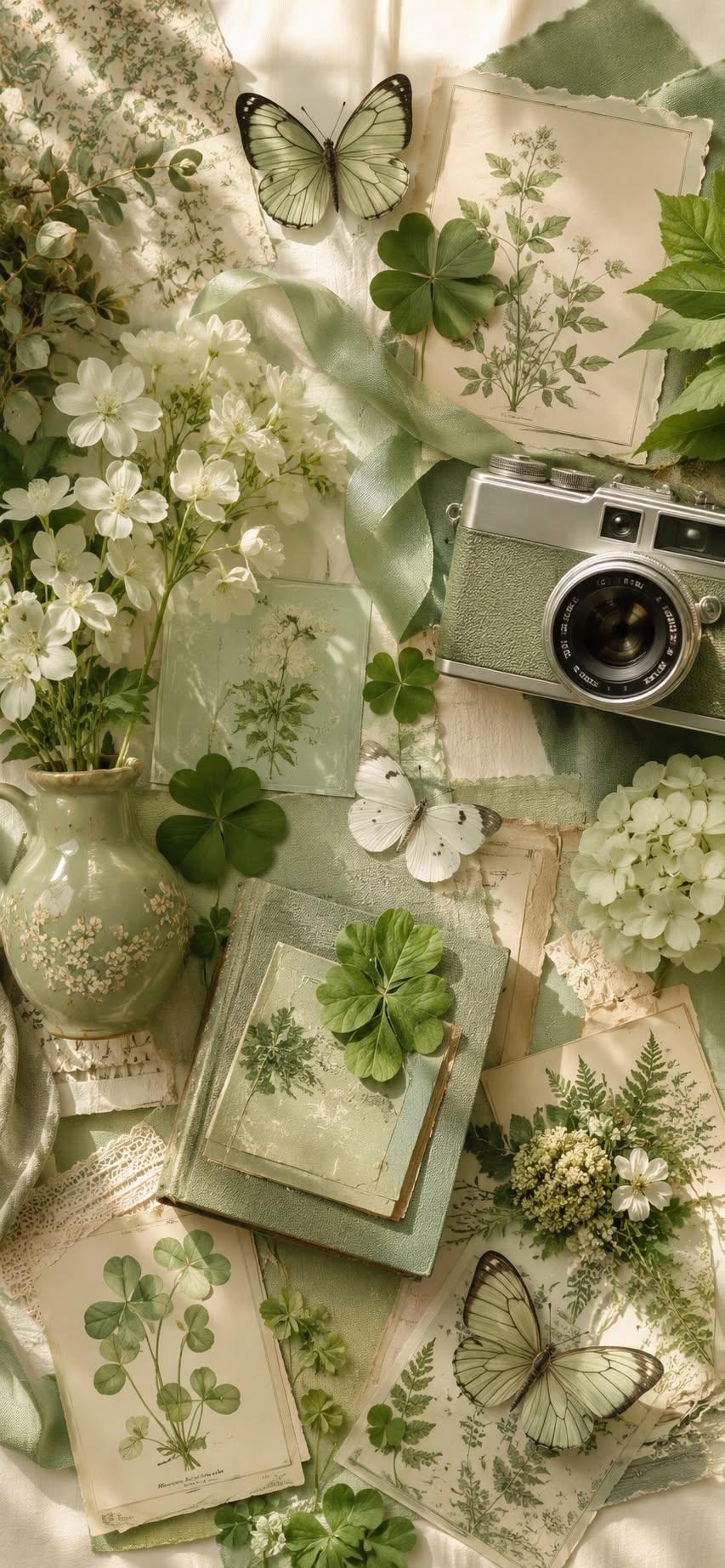 Botanical wallpaper with pressed flowers and vintage camera