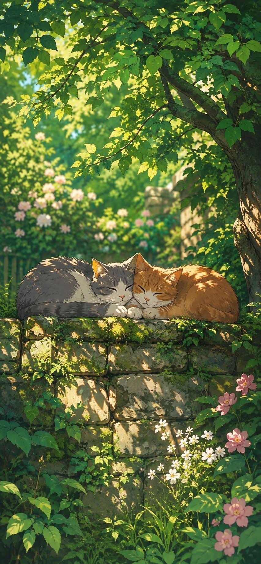 Sleeping cats wallpaper on stone wall in garden