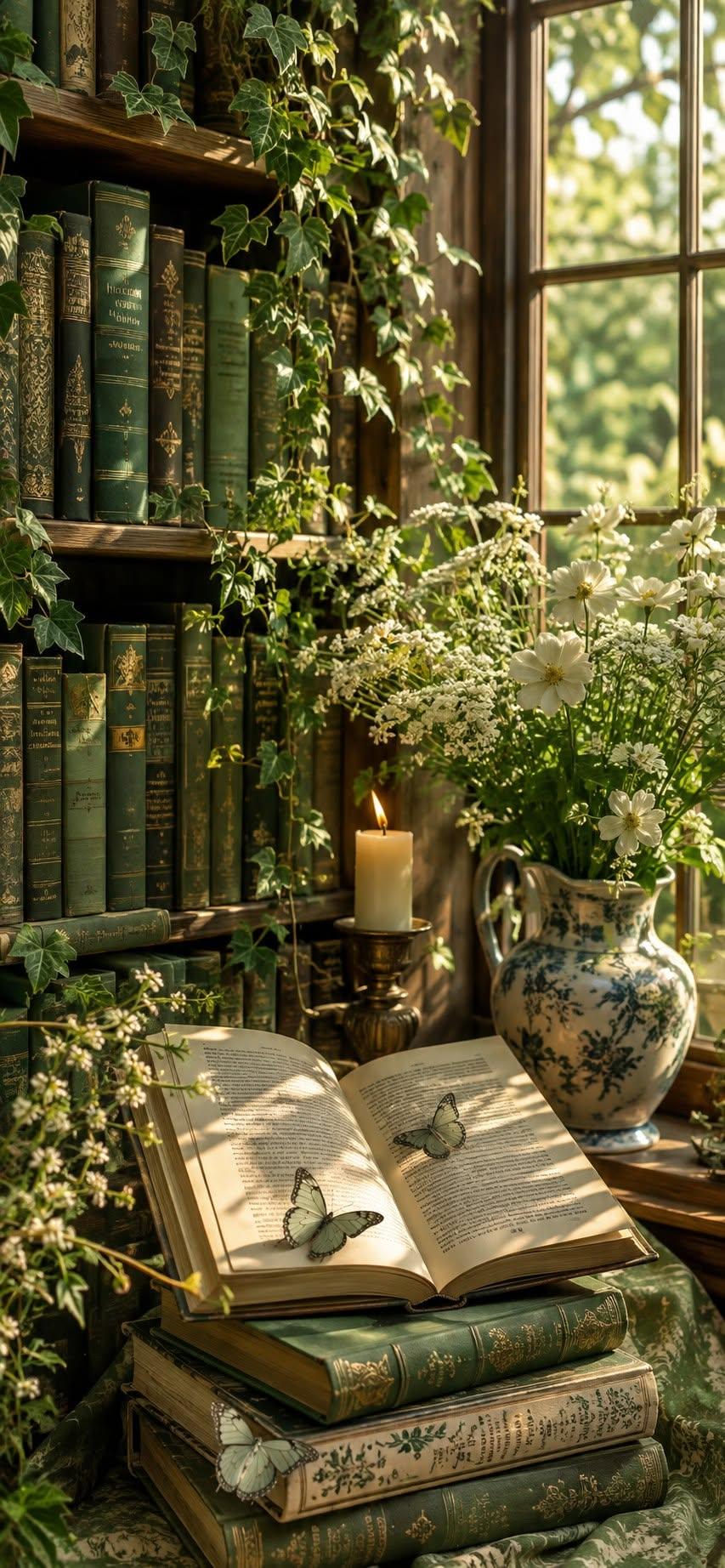 Vintage library wallpaper with open book and butterflies