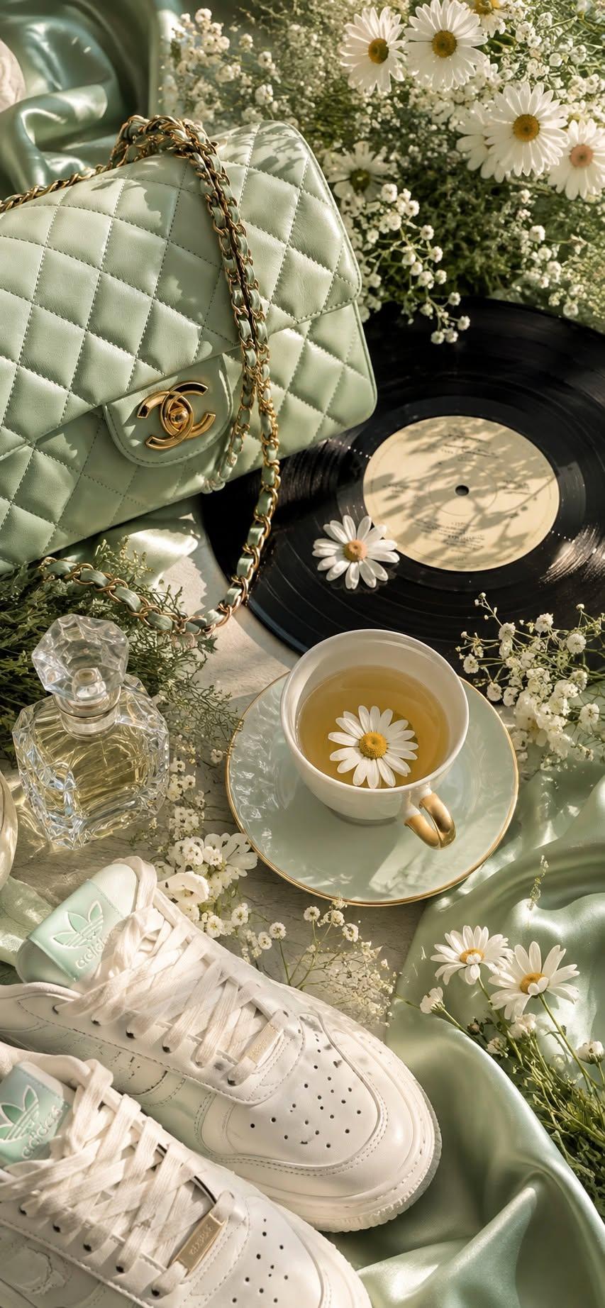 Sage green wallpaper with handbag, tea, and daisies