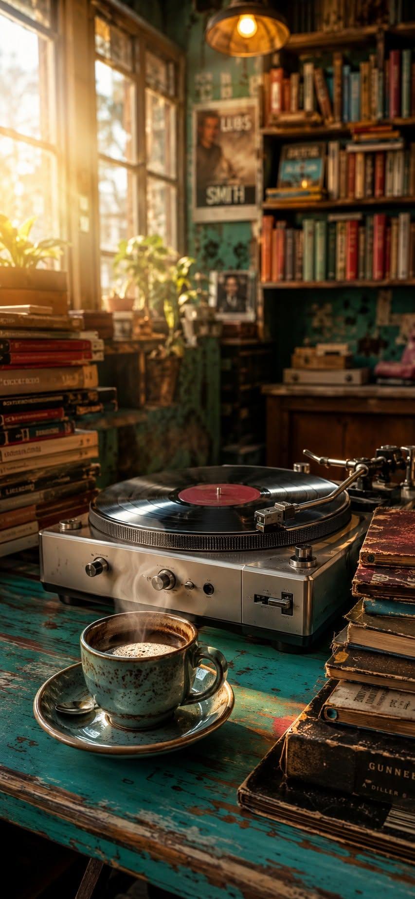 Vinyl record wallpaper with coffee cup and old books