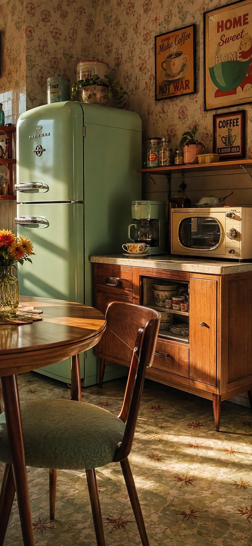 Retro kitchen wallpaper with mint fridge and coffee posters