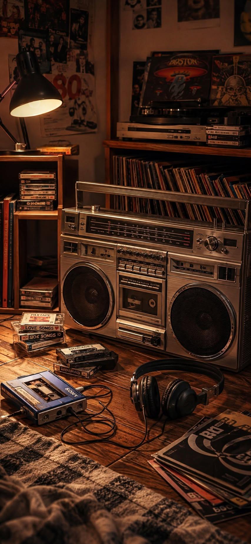 Retro boombox wallpaper with cassette tapes and headphones