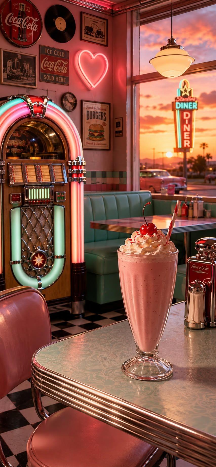 Retro diner wallpaper with milkshake and neon jukebox