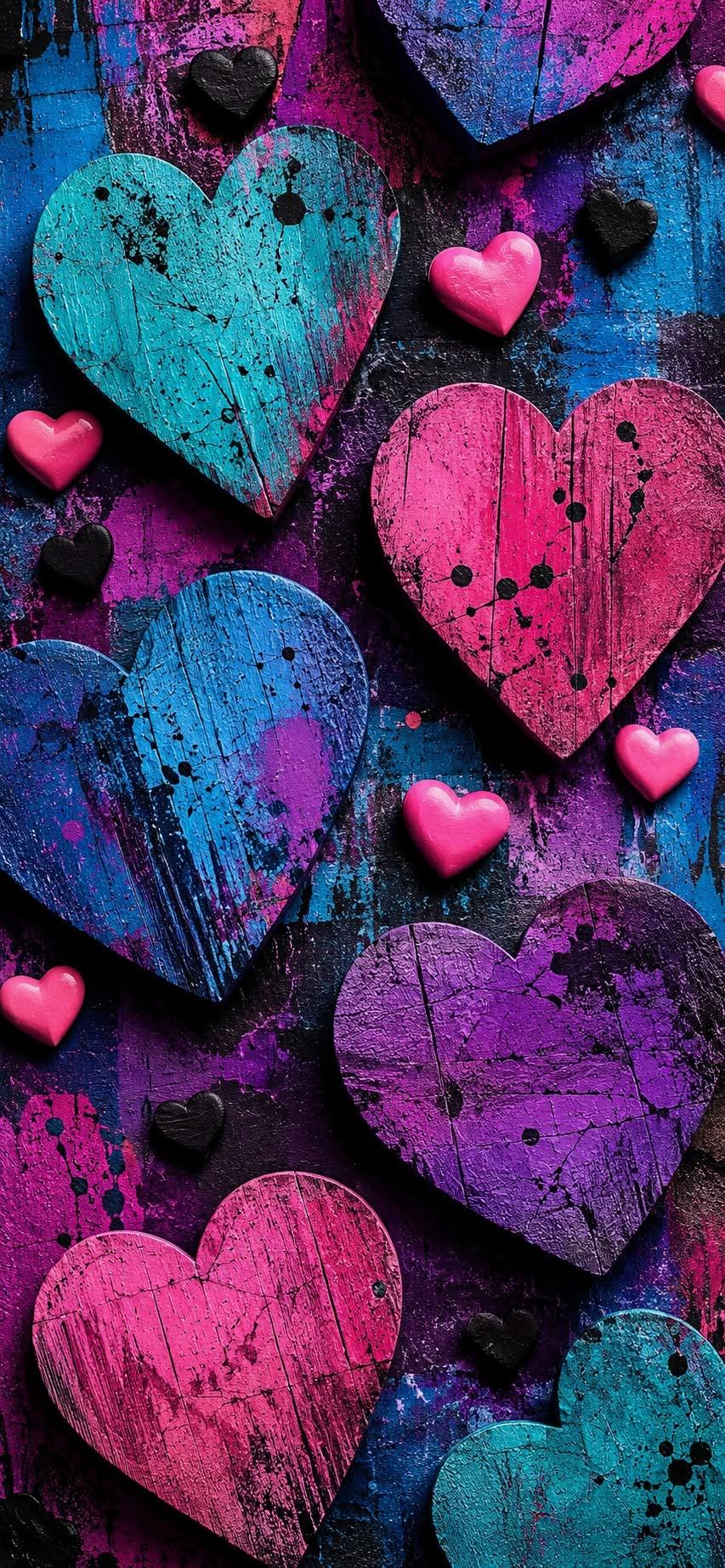 Grunge heart wallpaper with colorful painted wood texture