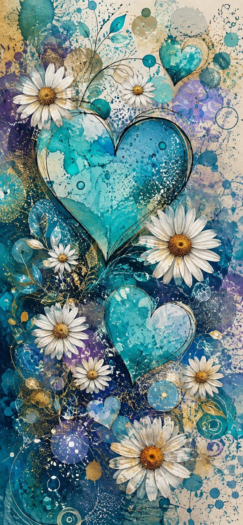 Watercolor heart wallpaper with teal daisies and gold splatter