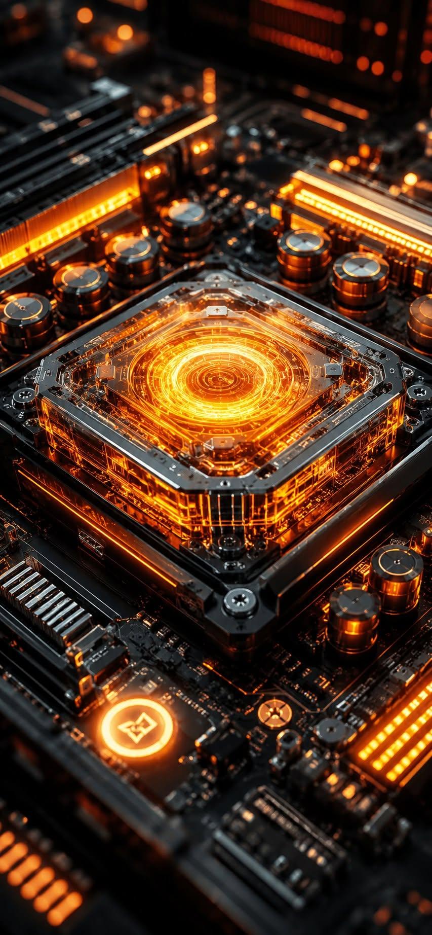 Futuristic chip wallpaper glowing orange on circuit board