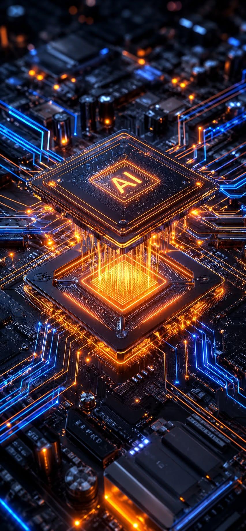 AI chip wallpaper floating above glowing motherboard