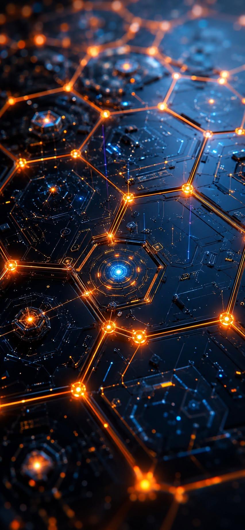 Hexagon tech wallpaper with glowing orange network nodes