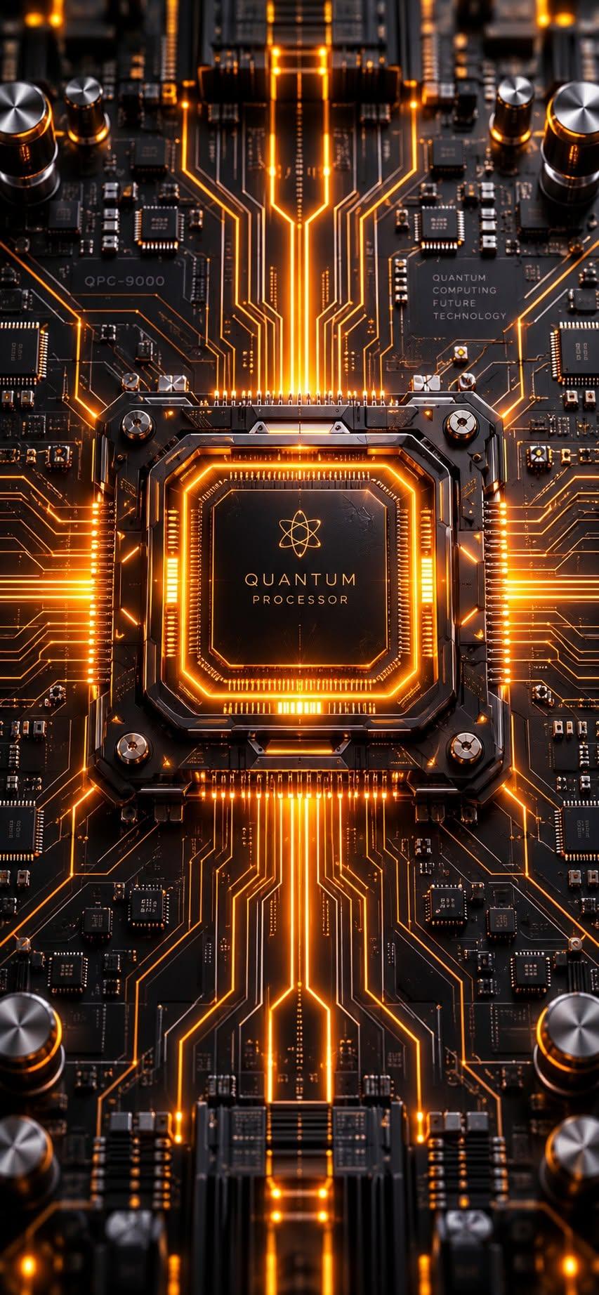 Quantum processor wallpaper glowing orange on circuit board