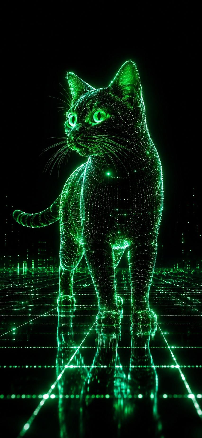 Matrix cat wallpaper in glowing green digital particles