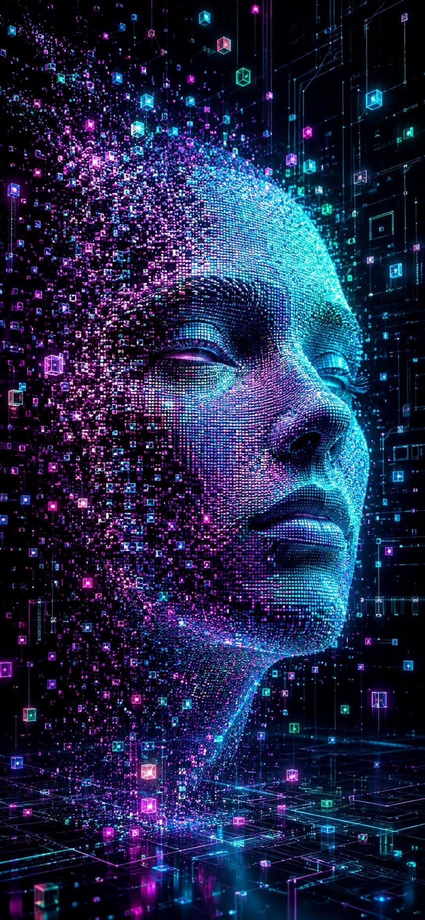 AI face wallpaper made of glowing digital pixels