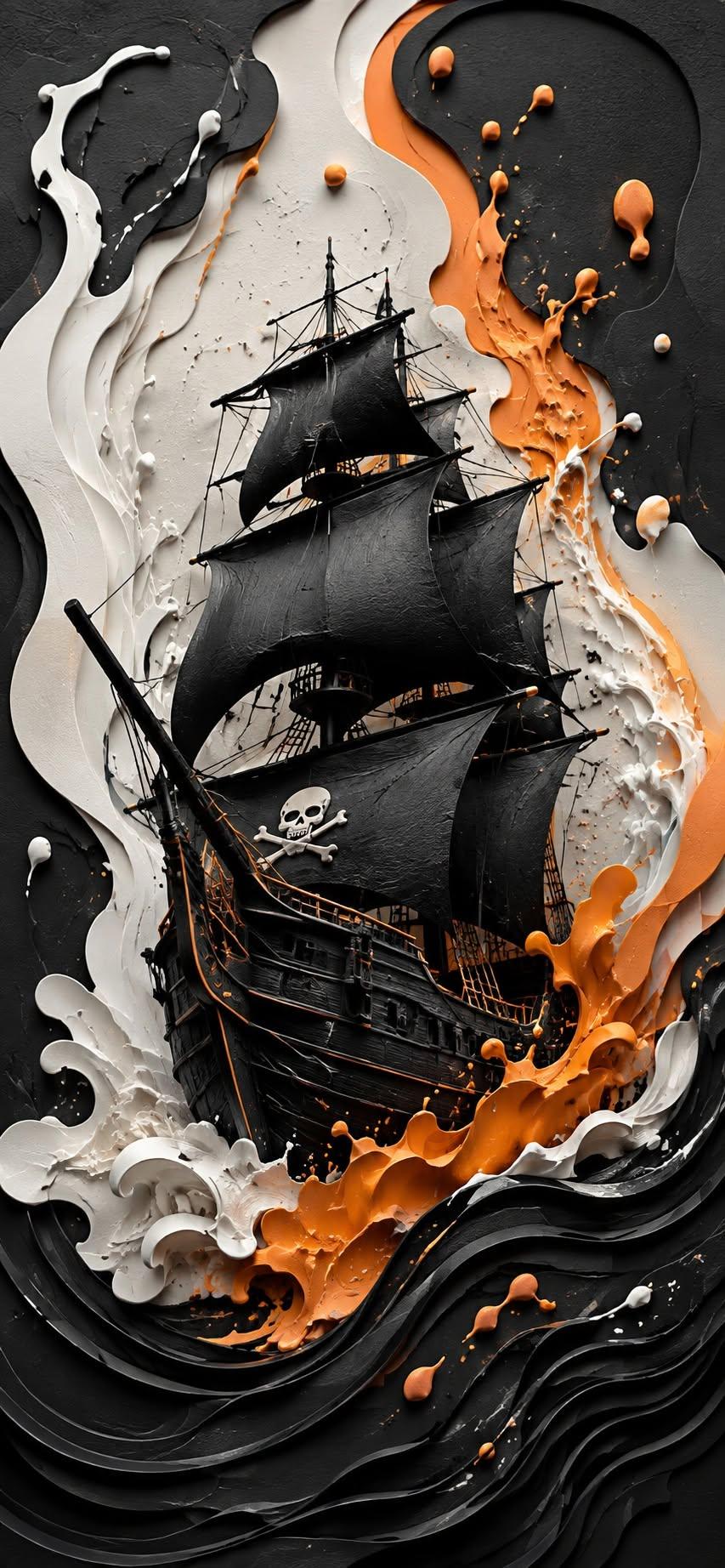 Pirate ship wallpaper with black sails in paint waves