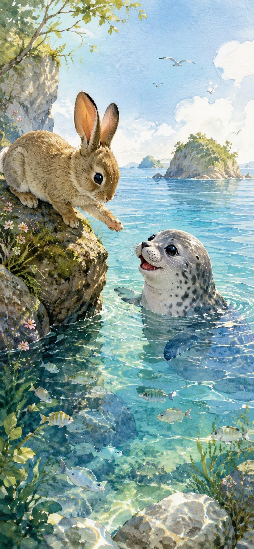 Bunny and Friendly Seal Wallpaper