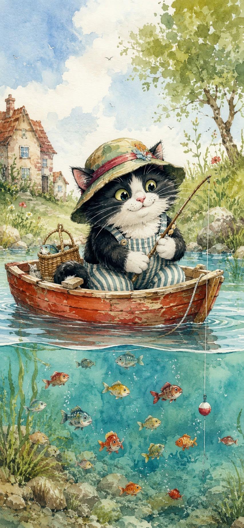 Cute Fishing Kitten Wallpaper