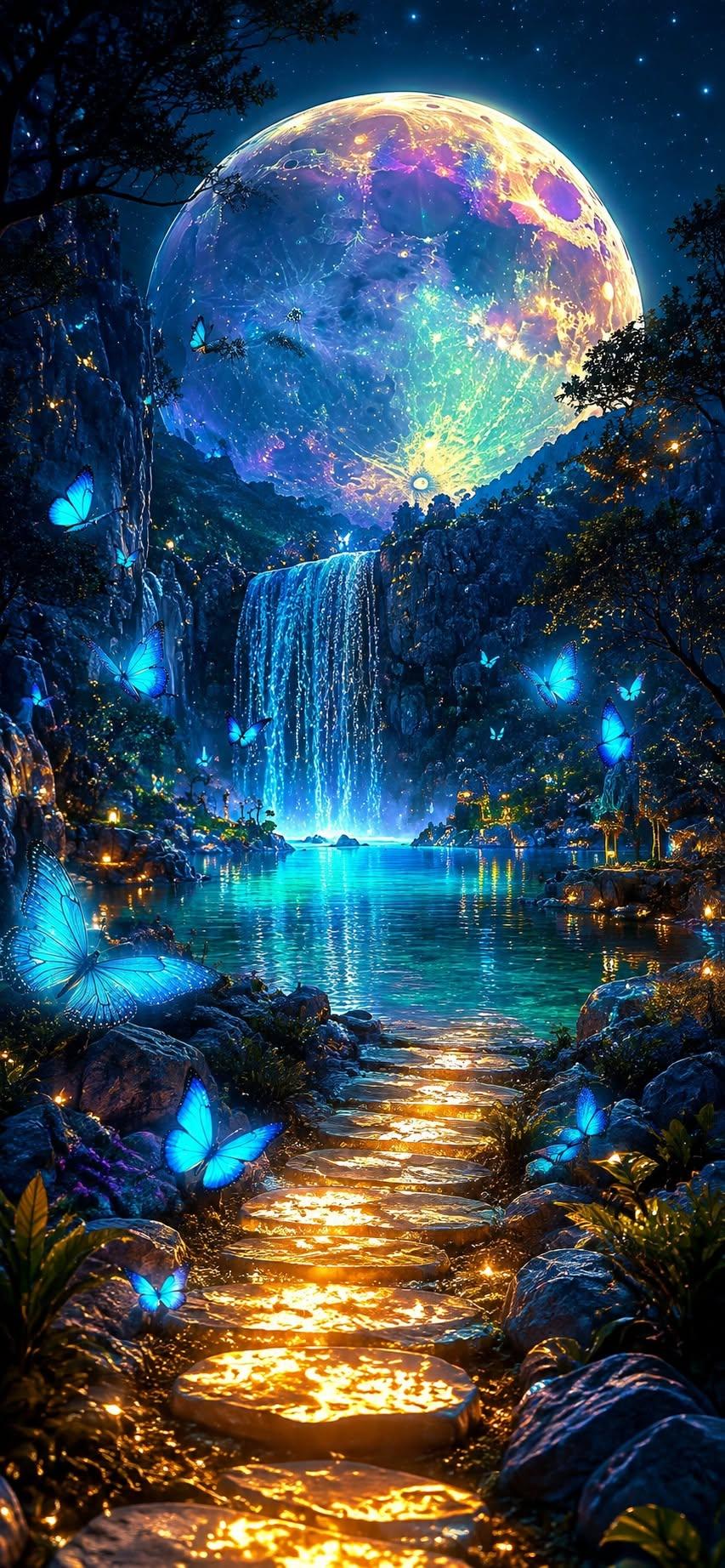 Fantasy Moon Waterfall Wallpaper Paradise