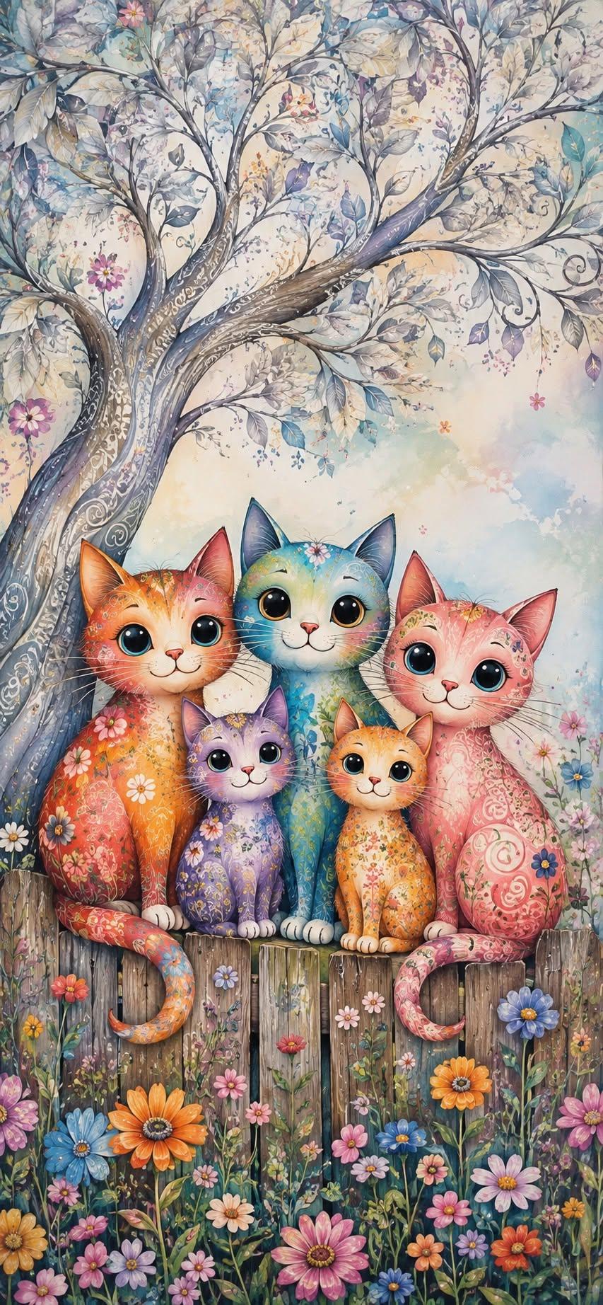 Colorful Floral Family Cats Wallpaper