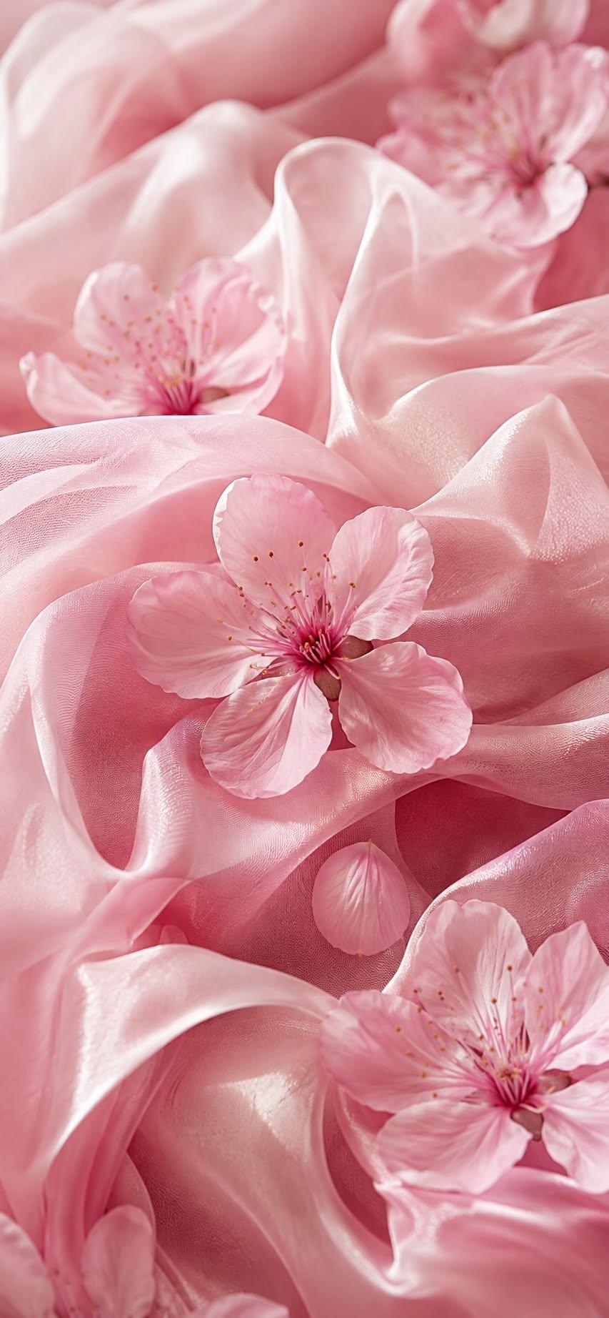 Soft pink cherry blossoms rest beautifully across flowing satin fabric, creating an elegant romantic composition filled with delicate textures and dreamy highlights.