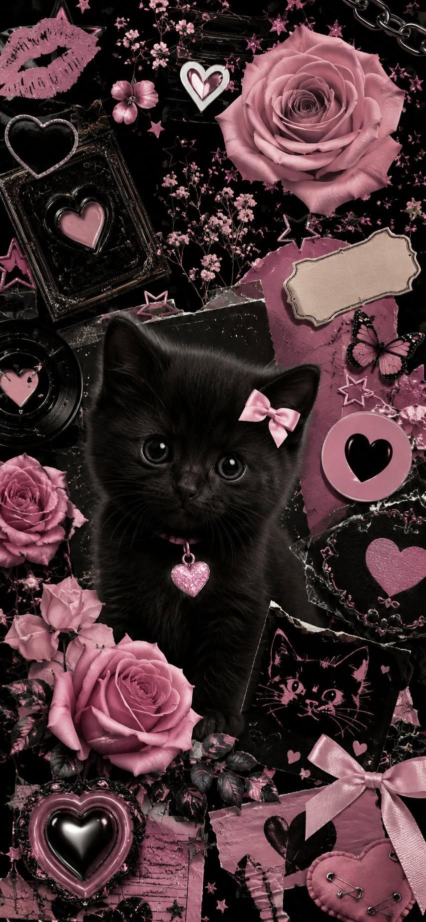 Gothic Kitten and Pink Roses Wallpaper