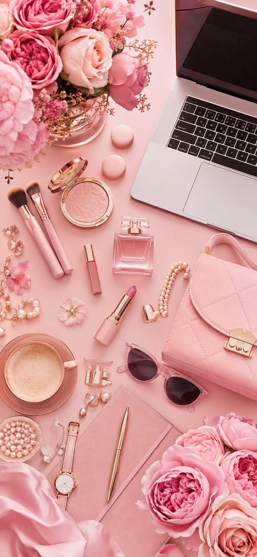 Pink Desk Aesthetic Flatlay Wallpaper
