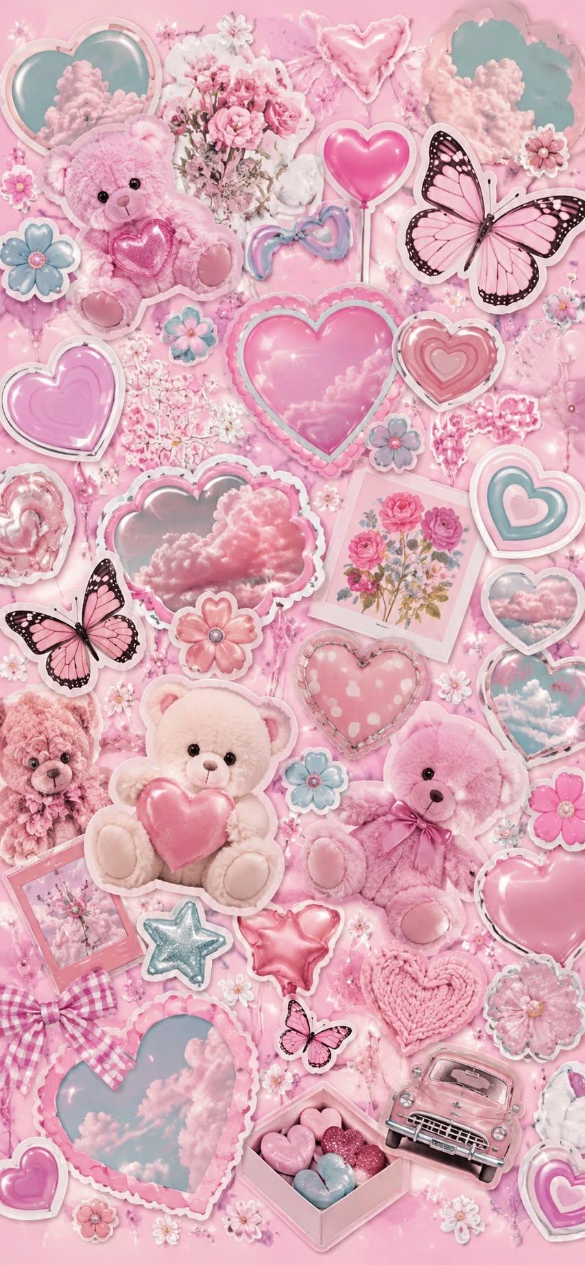 Kawaii Teddy Bears and Hearts Wallpaper