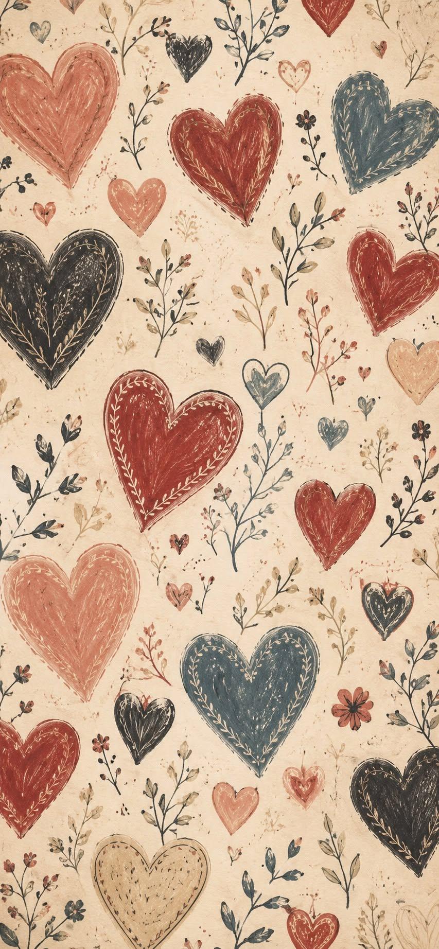 Hand-drawn hearts and delicate botanical branches cover a warm vintage paper background, creating a charming rustic aesthetic with muted earthy colors.