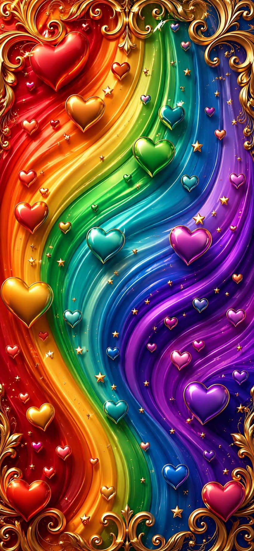 Golden Rainbow Hearts Wallpaper