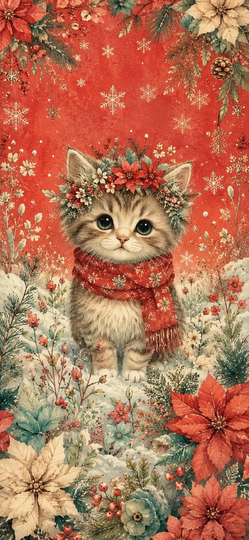 Christmas Kitten Flower Wallpaper