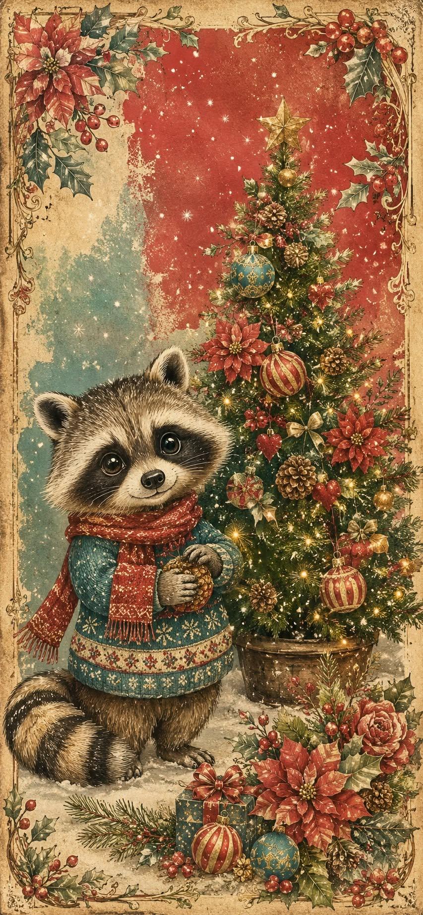 Christmas Raccoon Tree Wallpaper
