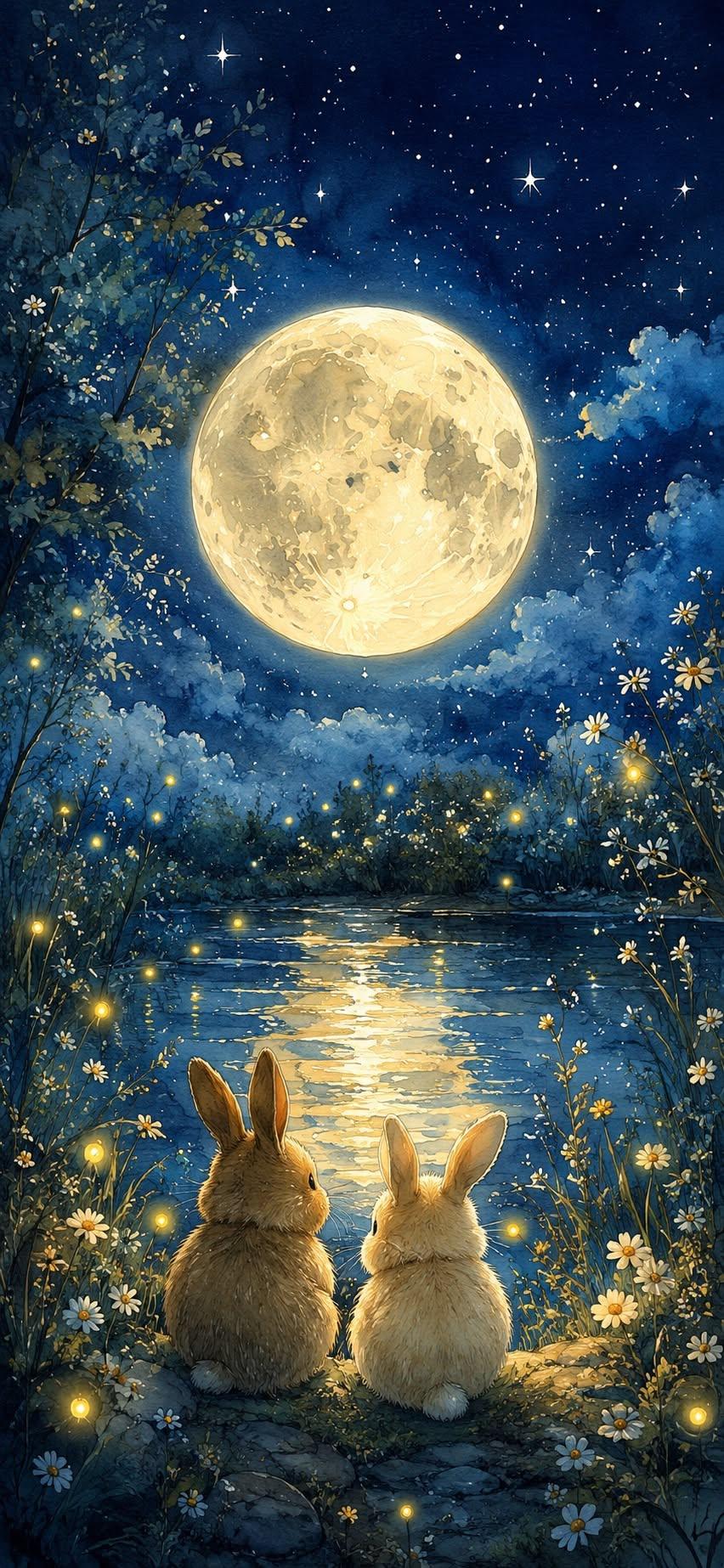 Moonlit Bunny Lake Wallpaper