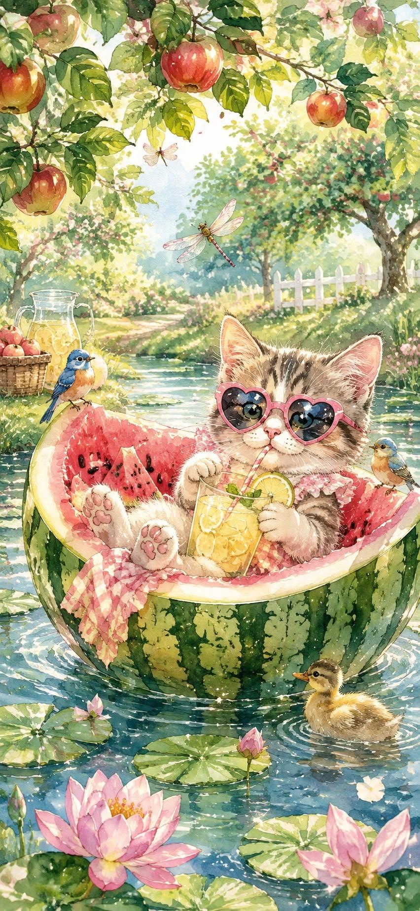 Watermelon Cat Summer Wallpaper