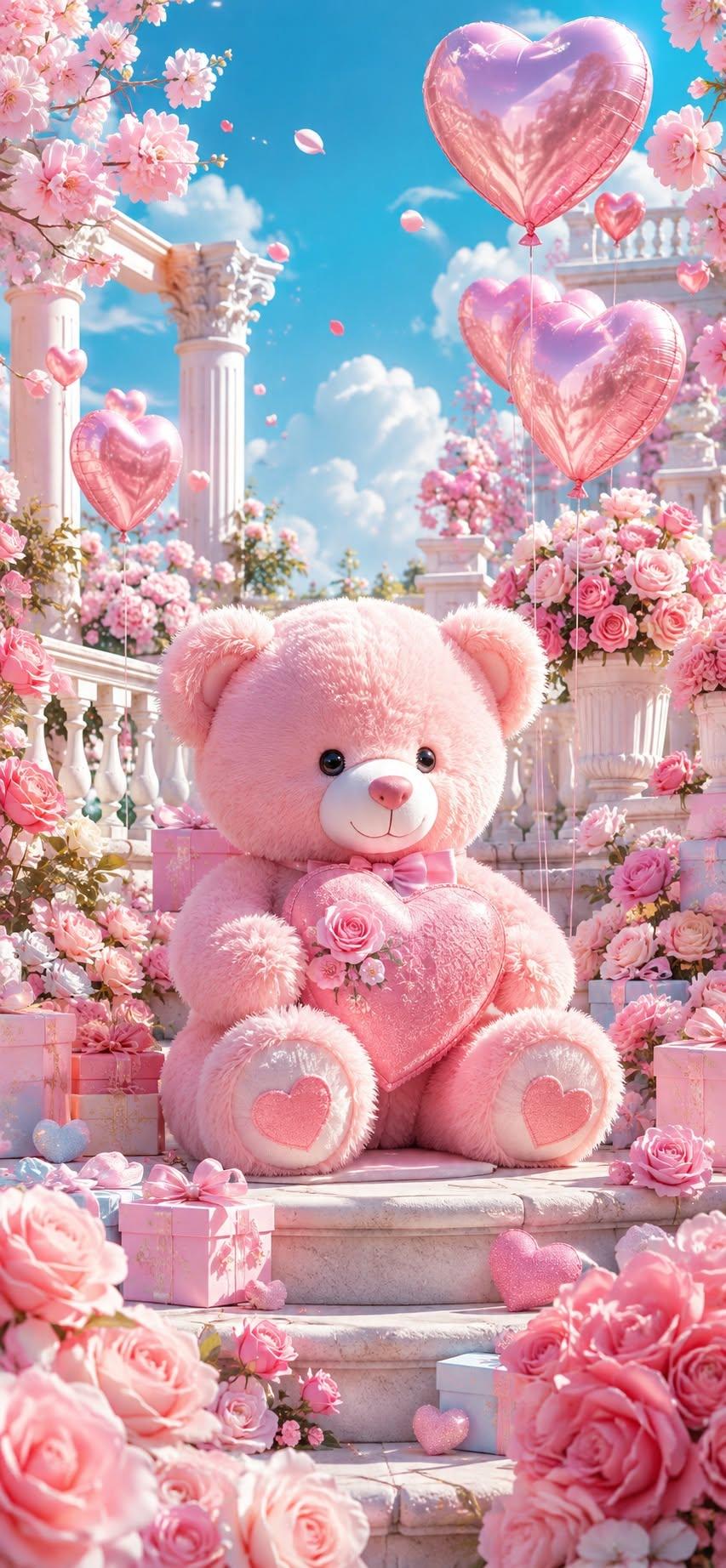Pink Teddy Bear Love Garden Wallpaper