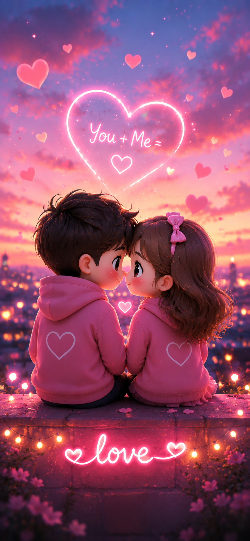 Cute Couple Wallpaper – "You + Me = Love" Sunset Kiss