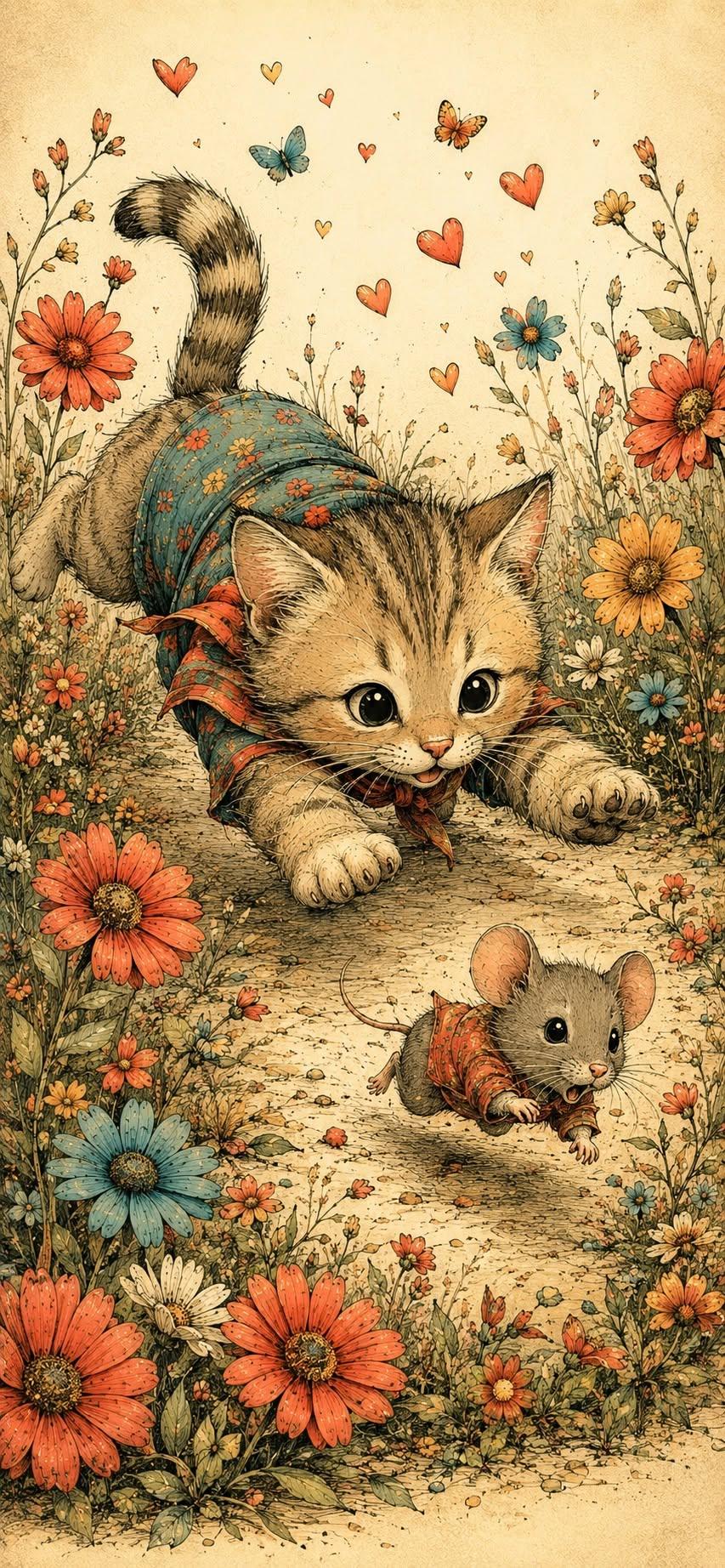 Vintage Kitten Chasing Mouse Wallpaper – Floral Storybook Art