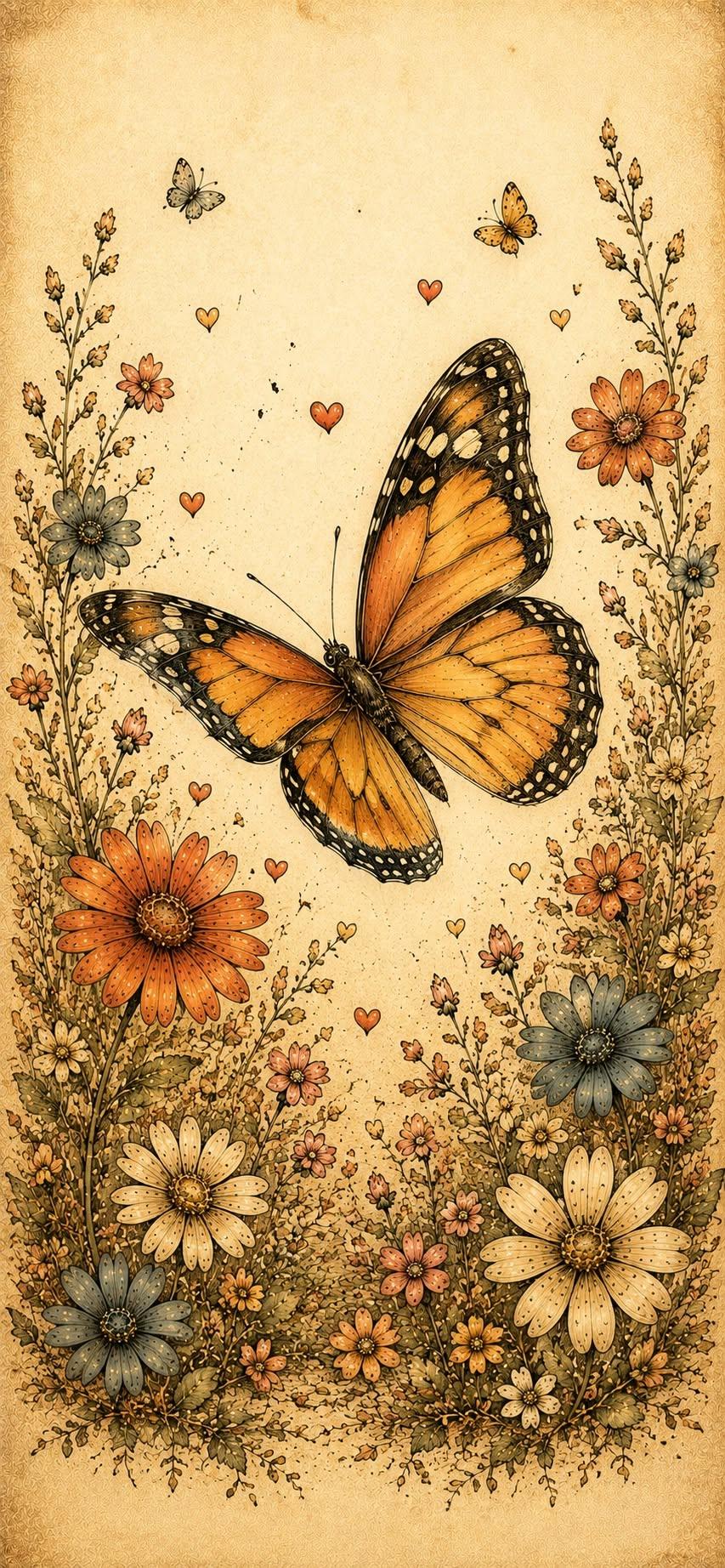 Vintage Monarch Butterfly Wallpaper – Botanical Wildflower Illustration