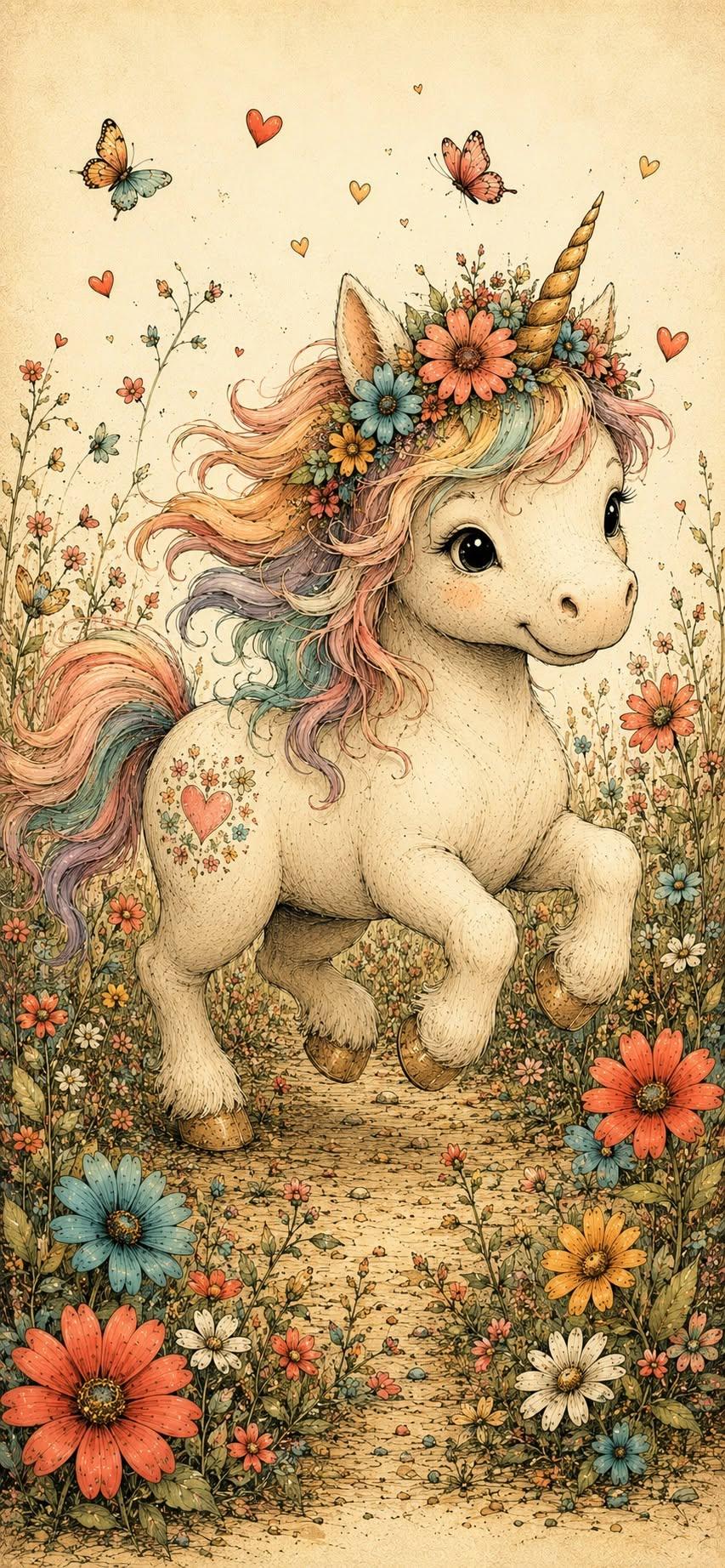 Vintage Baby Unicorn Wallpaper – Floral Rainbow Mane Illustration