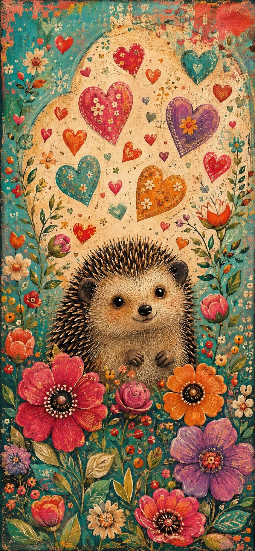 Folk Art Hedgehog Wallpaper – Hearts & Flowers on Teal