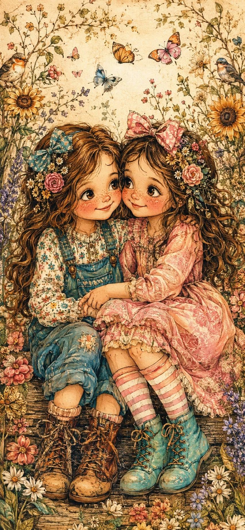 Two Sisters Vintage Garden Wallpaper