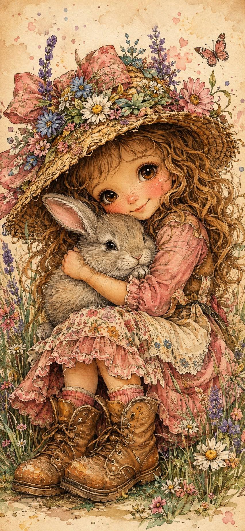 Girl and Bunny Vintage Wallpaper