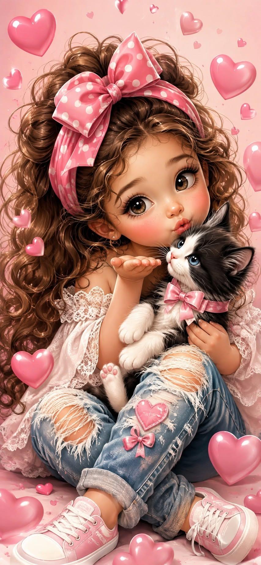 Cute Girl and Kitten Pink Wallpaper