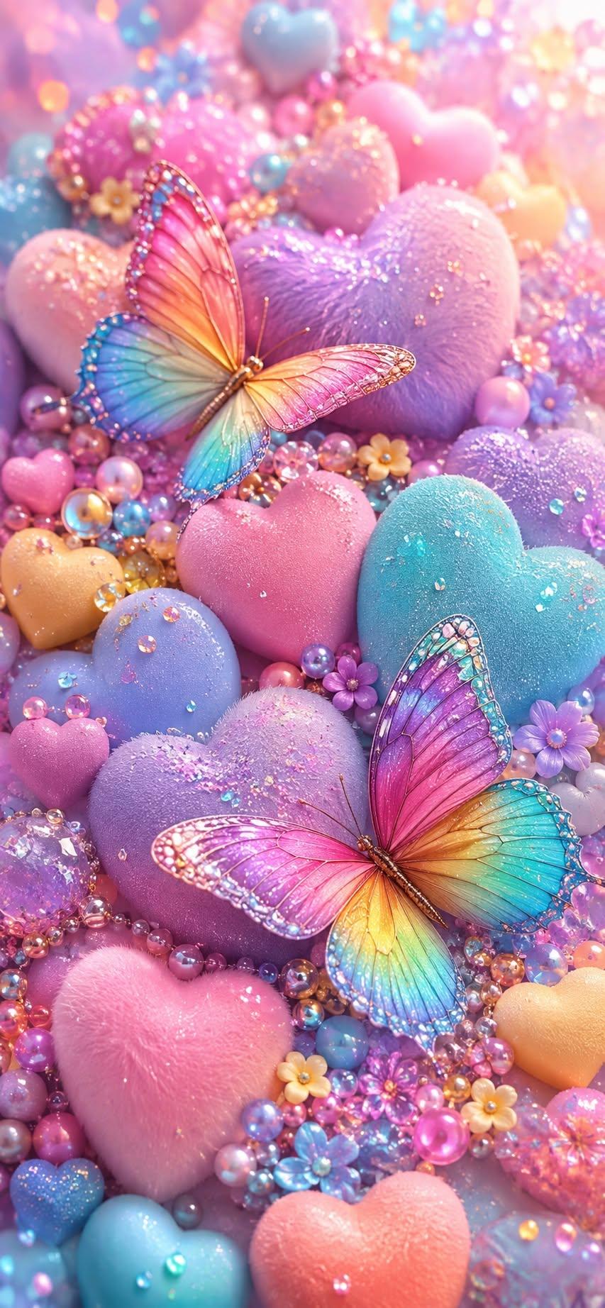 Pastel Hearts Butterfly Wallpaper