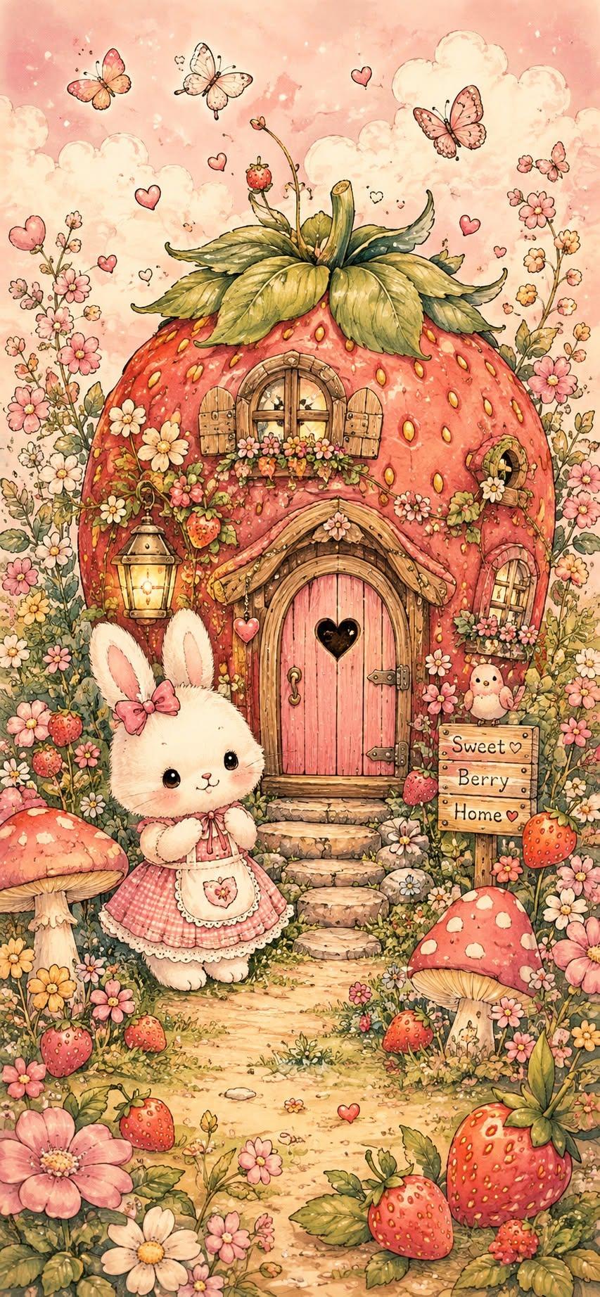Strawberry Bunny Cottage Wallpaper